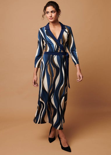 Izabel London Blue Striped 3/4 Sleeve Midi Wrap Dress