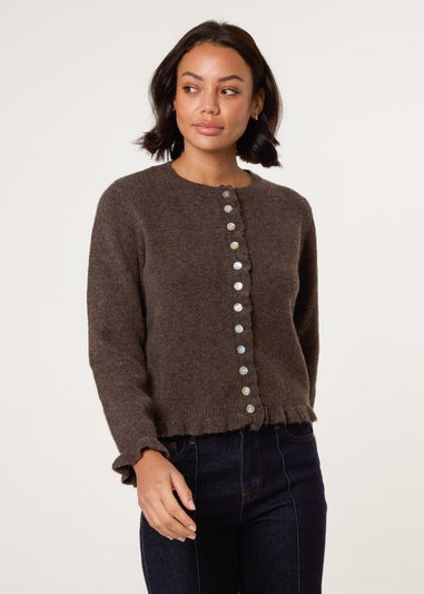 Blue Vanilla Brown Cardigan With Ruffle Trim