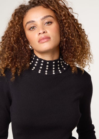 Blue Vanilla Black High Neck Diamante Detailed Jumper