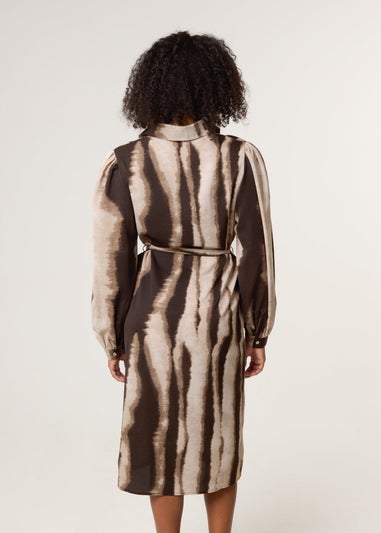 Blue Vanilla Beige Printed Puff Sleeve Button Through Midi Dress