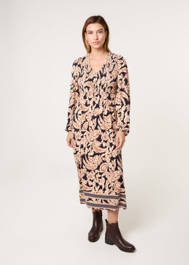 Blue Vanilla Navy V Neck Shirred Border Print Midi Dress