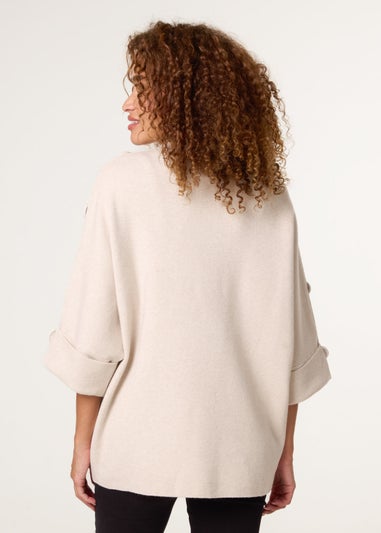Blue Vanilla Beige High Neck Fabric Button Sleeve Jumper