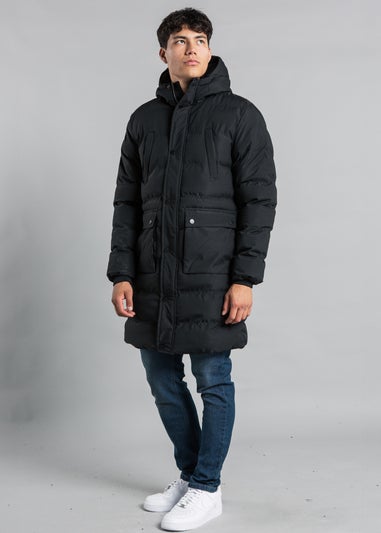 Nines Black Longline Funnel Neck Hooded Padded Jacket