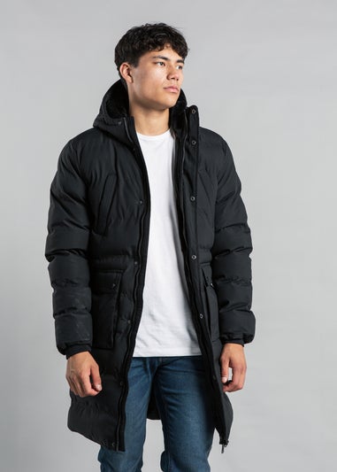 Nines Black Longline Funnel Neck Hooded Padded Jacket