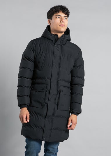 Nines Black Longline Funnel Neck Hooded Padded Jacket