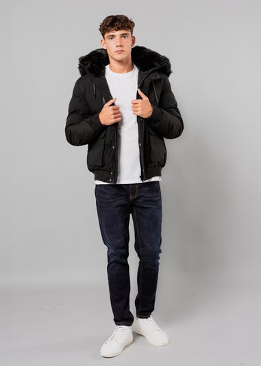 Nines Black Padded Parka Jacket with Faux Fur-Lined Hood