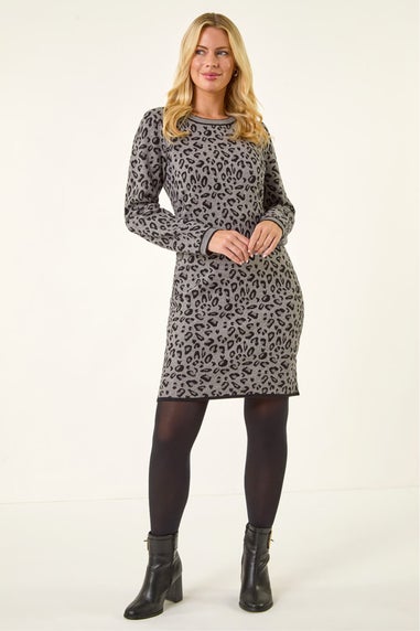 Roman Grey Petite Leopard Knit Mini Dress