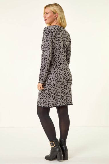 Roman Grey Petite Leopard Knit Mini Dress
