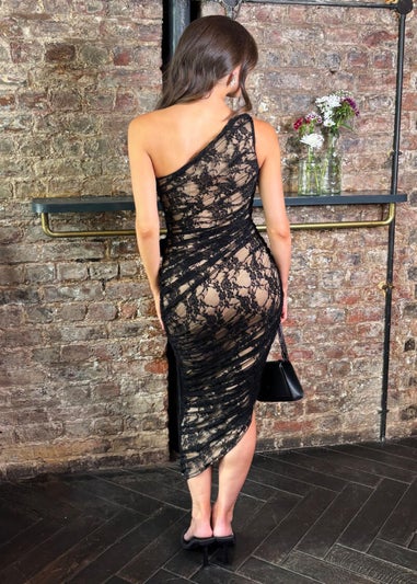 AX Paris Black Contrast Lace One Shoulder Asymmetric Hem Midi Dress