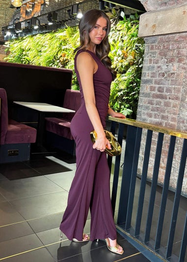 AX Paris Dark Plum One Shoulder Draped Waist Jumpsuit