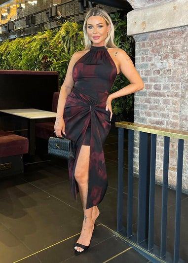 AX Paris Burgundy And Black Smudge Print Halter Neck Knot Skirt Midi Dress