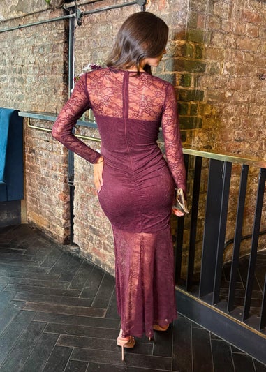 AX Paris Plum Lace Overlay Ruched Front Bodycon Midi Dress