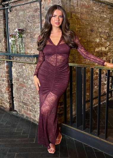 AX Paris Plum Lace Overlay Ruched Front Bodycon Midi Dress