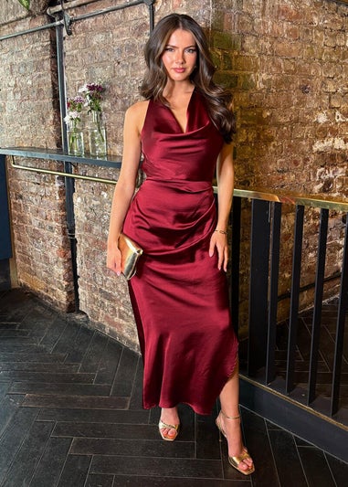 AX Paris Wine Satin Cowl Neck Cross Back Midi Dress