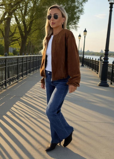 AX Paris Tan Faux Suede Bubble Hem Bomber Jacket