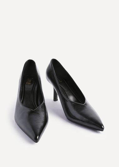 Linzi Bellamy Black Faux Leather V-Cut Vamp Court Heels