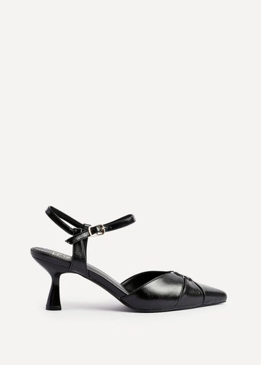 Linzi Pivot Black Faux Leather Stiletto Court Heel