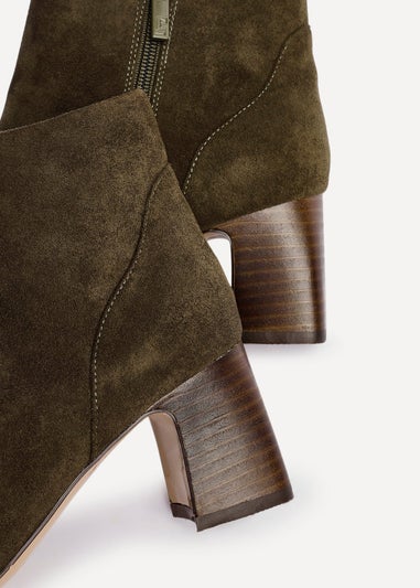 Linzi Cove Khaki Faux Suede Soft Square Toe Block Heel Ankle Boot