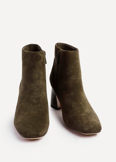 Linzi Cove Khaki Faux Suede Soft Square Toe Block Heel Ankle Boot