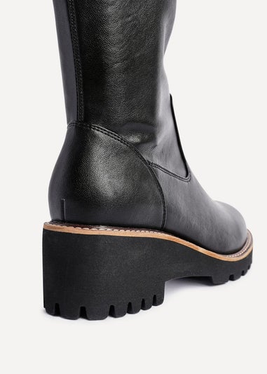 Linzi Resist Black Faux Leather Stretch Wedge High Leg Boot