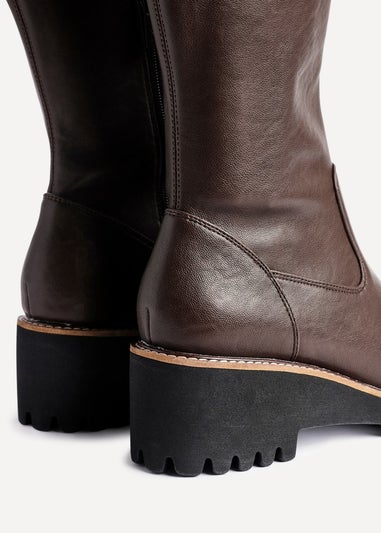 Linzi Resist Brown Faux Leather Stretch Wedge High Leg Boot
