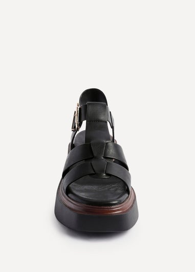 Linzi Retract Black Faux Leather Gladiator Style Flatform Sandals