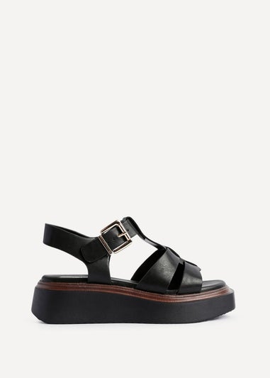 Linzi Retract Black Faux Leather Gladiator Style Flatform Sandals