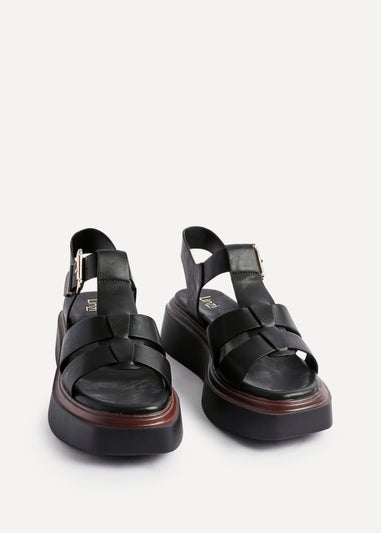 Linzi Retract Black Faux Leather Gladiator Style Flatform Sandals