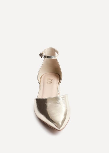 Linzi Dolly Wide Fit Gold Faux Leather Low Block Court Heel