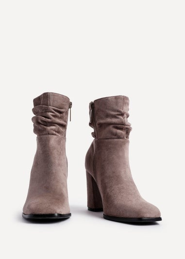 Linzi Mila Mocha Faux Suede Ruched Square Toe Block Heeled Ankle Boot