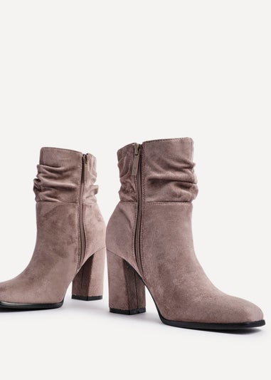 Linzi Mila Mocha Faux Suede Ruched Square Toe Block Heeled Ankle Boot