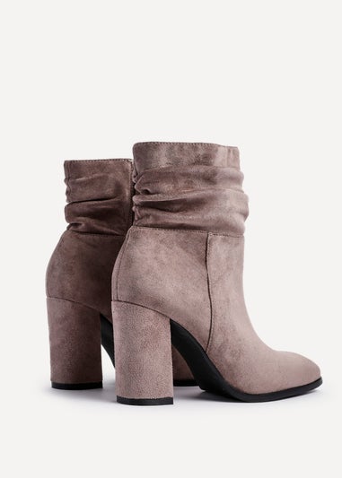 Linzi Mila Mocha Faux Suede Ruched Square Toe Block Heeled Ankle Boot