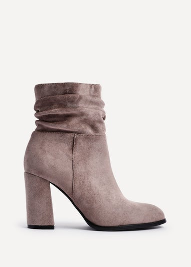Linzi Mila Mocha Faux Suede Ruched Square Toe Block Heeled Ankle Boot