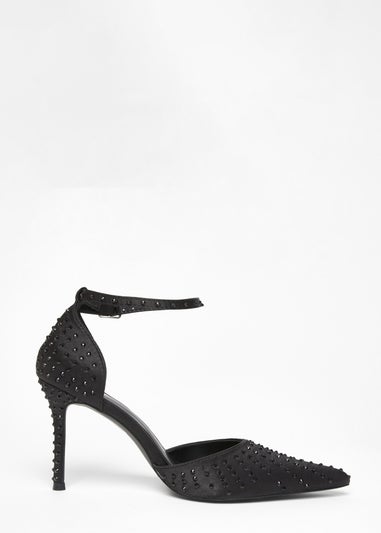 Quiz Black Satin Diamante Court Heels