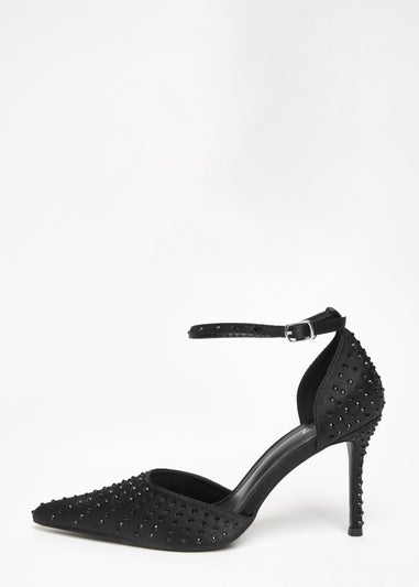 Quiz Black Satin Diamante Court Heels