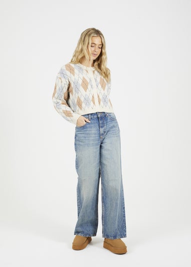 Brave Soul Cream Round Neck Argyle Knit Cardigan