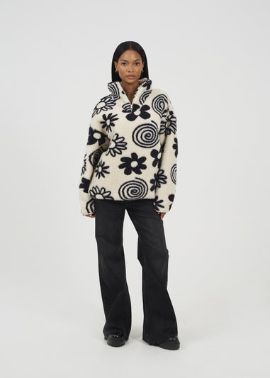 Brave Soul Cream Quarter Zip Flower Print Sherpa Fleece