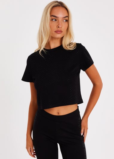 Quiz Black Glitter Cropped T-Shirt