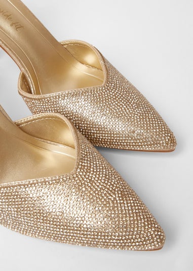 Quiz Gold Wide Fit Embellished Court Heels