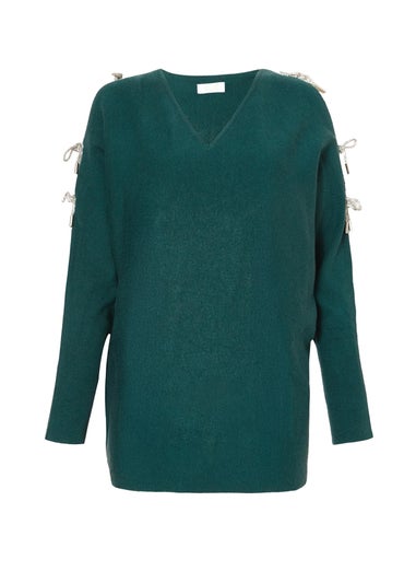 Quiz Green Diamante Bow Jumper