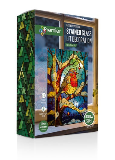 Premier Decorations Battery Operated Robin on Branch Stained Glass Window Ornament