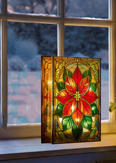 Premier Decorations Battery Operated Poinsettia Lit Stained Glass Window Ornament