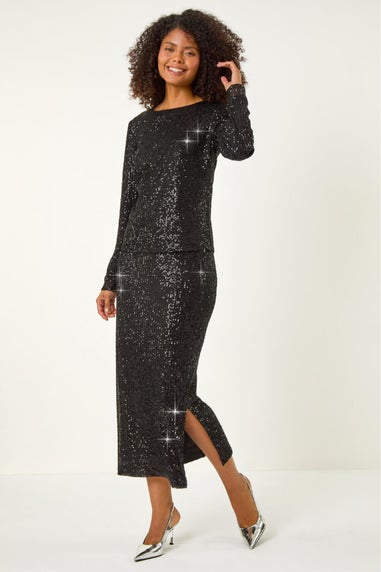 Dusk Black Sequin Long Sleeve Stretch Top