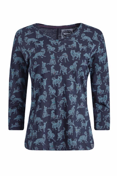 Weird Fish Dark Navy Laveda 3/4 Sleeve Printed V Neck T-Shirt