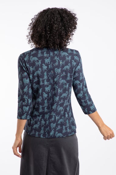 Weird Fish Dark Navy Laveda 3/4 Sleeve Printed V Neck T-Shirt