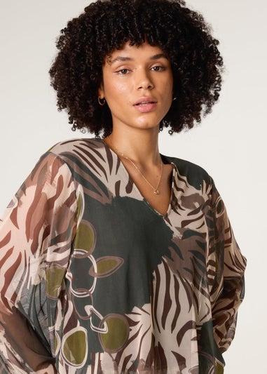 Blue Vanilla Khaki Printed Mesh V Neck Puffball Top