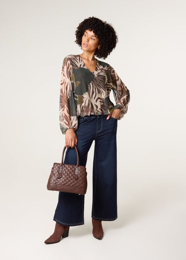 Blue Vanilla Khaki Printed Mesh V Neck Puffball Top