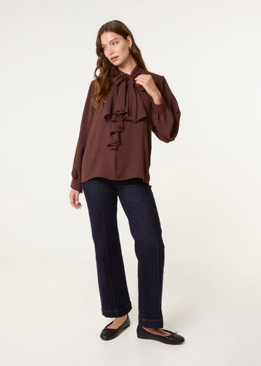 Blue Vanilla Brown Ruffle Pussy Bow Blouse