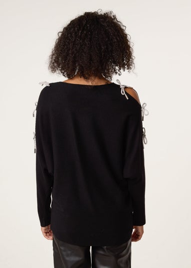 Blue Vanilla Black Diamante Bow Cut Out Sleeve Jumper