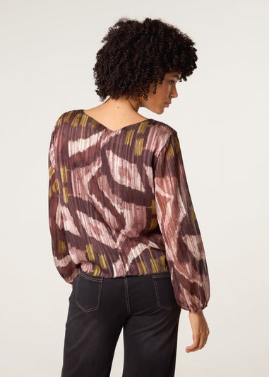 Blue Vanilla Brown Tie Knot Metallic Chiffon Blouse